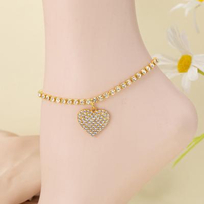 China FASHIONABLE Charms Cuban Link Anklet Chain Gold Plated Cubic Zirconia Love Heart Anklet Pendant Jewelry For Women for sale