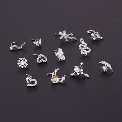 China Punk Heart Star Snake Stainless Steel Nose Rings Stud L Shape Septum Nose Pins Body Piercing Jewelry With Zircon Crystal Nose Stud for sale