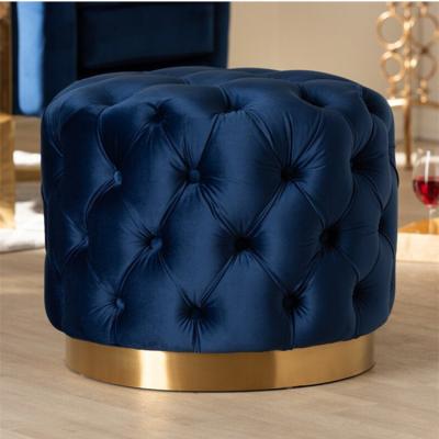 China Foldable Modern Round Gray / Blue Velvet Upholstered Fabric Tufted Finish Gold Metal Ottoman Footstool for sale