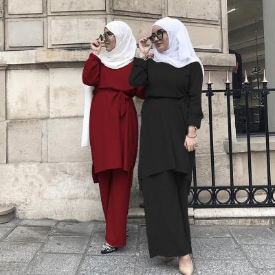 China Newest Women's 2pcs Tops Pant Dubai Abaya Dress Breathable Solid Color Muslim Casual Dress for sale