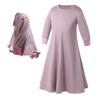 China Muslim Clothing Ramadan Two Piece Skin-friendly Long Sleeve Hijab + Solid Color Muslim Dress Kids Outfit for sale