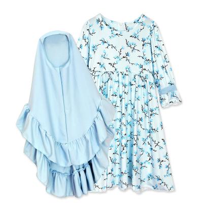 China New Girls Skin-friendly Long Sleeve Blue Floral Skirt + Turban Middle East Ramadan Costume Traditional Muslim Solid Color for sale