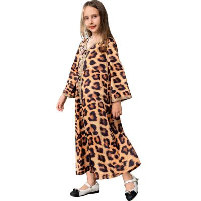 China Breathable Leopard Print Long Abayas Dress For Arabic Maxi Dress Spring Autumn Muslim Kaftan Dubai Turkey Kids Children Girls Ethnic for sale