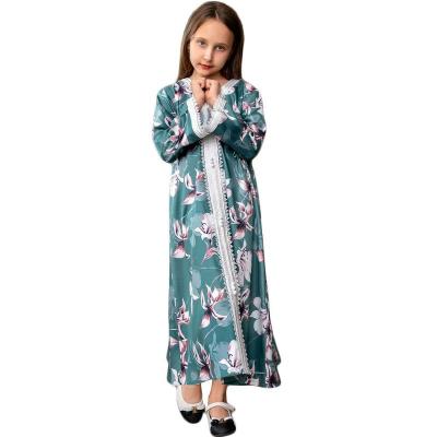 China Floral Print Abaya Dress Ramadan Muslim Islamic Girls Clothes Summer Dubai Long Sleeve Dress Breathable Green Lace for sale