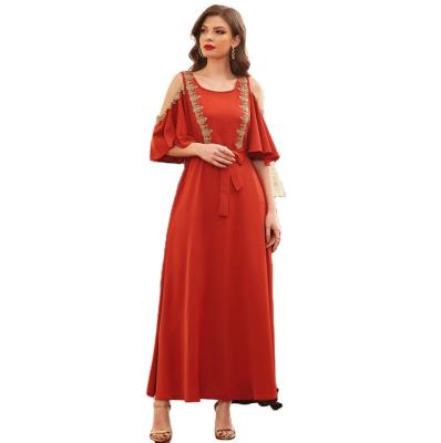 China Breathable Muslim Dress Burning Off Shoulder Design Big Sleeve Orange Permeable Muslim Abaya Women Islamic Clothing For Ladies for sale