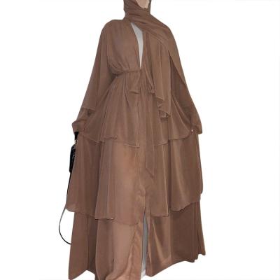 China Elegant Oman Arab Dubai Turkey Chiffon Kimono For Women Muslim Solid Color Muslim Dresses Abaya Islamic Clothing Open 3 Layers for sale