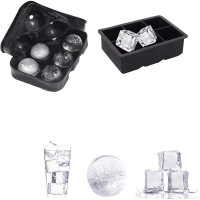 China Custom 6 Holes 3D Whiskey Ice Cube Silicon Mold Trays Sphere and Square Shapes Silicone Ice Block Molds Stocked Set for sale