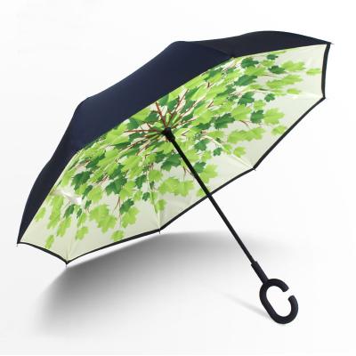 China Modern Wholesale Green Leaf Double Layer Inverted Umvrella 23 Inch 8 Ribs Reverse Umbrella With C Handle for sale