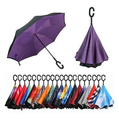 China Modern Fancy Portable Travel Car Umbrellas C Rainproof Rubber Handle Inverted Windproof Umbrella With Logo for sale