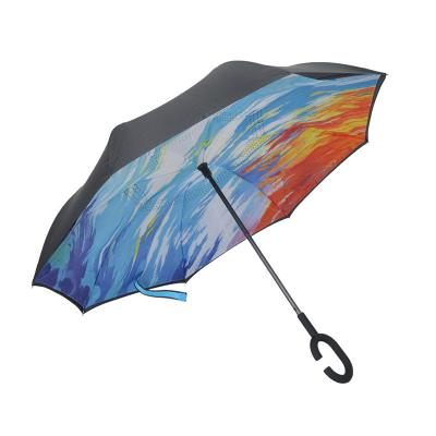 China Modern Customized Inverted Umbrella Double Layer Logo With C Shape Handle Reverse Umbrella for sale