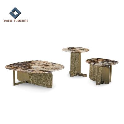 China Copper alloy brass color luxury natural marble coffee table low set with brass base and legs for sale