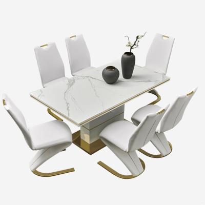 China New Model Stone Stone Dining Table Set Gold Sintered Luxury Agglomerated Marble Design With 6 Mermaid Chairs for sale