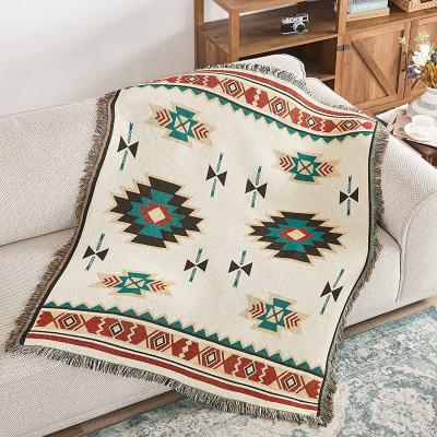 China Inyahome Portable Bohemian Throw Blankets Boho Colorful Reversible Woven Aztec Blankets Sofa Throw Cover Jacquard Tassels for Couch Bed for sale