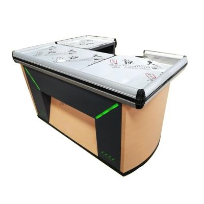 China 1) Supermarket 2)shops 3)store stainless steel worktop grain metal check metal wooden counter with back and aluminum alloy edge light for sale