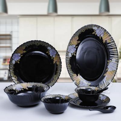 China New Viable High Quality Glassware Opal Tableware Black Opal Glass Set 33 Pieces Opal Glass Dinner Set With Decal for sale