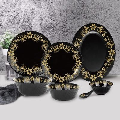 China Sustainable Luxurious Black Dish Dinner Set With Custom Decal Design 33 Piece Opal Glassware Black And Gold Dinnerware Set for sale