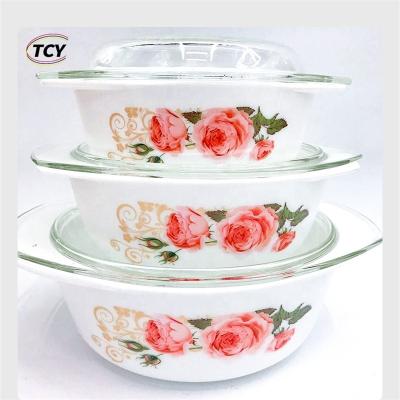 China New Hot Sale Viable Opal Clear Cover Salad Bowl Fancy Handle Saucepan Set 3 Piece Heat Resistant Double Bowl for sale