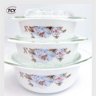 China Viable Wholesale Custom Decor Heat Resistance Glassware Antique Opal Dinnerware Tempered Food Serving 3pcs Opal Glass Casserole Set for sale