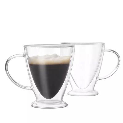 China Sustainable Reusable Double Wall Insulated Clear Glass Coffee Tea Mug With Handle Coffee Mug Latte Mug Glass Cappuccino Mug for sale