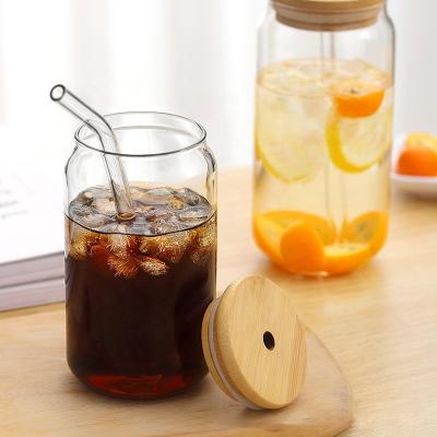 China Modern Factory Custom Glass Coffee Mug Beverage Beer Jar Shaped 16oz Glass Cup With Bamboo Lid And Straw for sale