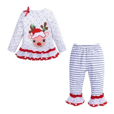 China Vintage New Arrival Christmas Deer Babies Set New Style Embroidery Clothes Toddler Kids Boutique Clothes T-shirt Tops Ruffle Pants for sale