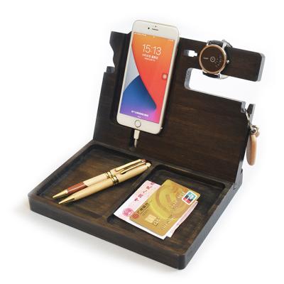 China Adjustable Solid Wooden Mobile Phone Watch Stand Desk Organizer Key Hangs Logo Wood Docking Station Custom Filler for sale