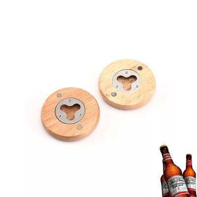 China Sustainable Customized Logo Coaster Beer Bottle Opener Magnetic Round Wood for sale