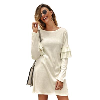 China New Fashion Autumn Winter Women Girls Solid Color Anti-shrink Falbala Blouse Casual Dress O-neck Long Sleeve Tops Knitwear Sweater for sale