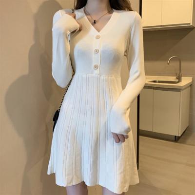 China Wholesale Anti-Static Women Girls Knit Dress V-Neck Solid Color Long Sleeve Clothes Soft Spring Autumn Button Casual Knitwear Dress for sale