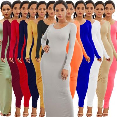 China Autumn Fashion Women Long Sleeve Maxi Dress O Neck Pencil Solid Color Spring Ladies Slim Casual Dress for sale