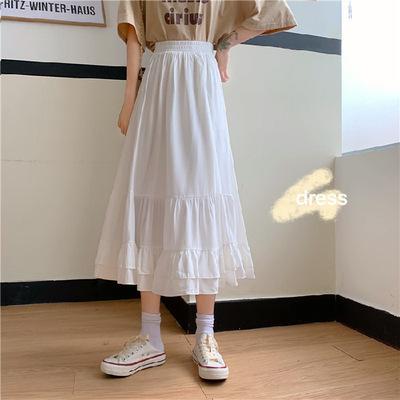 China New 2021 summer breathable spring and high-waisted mid-length line causal skirt solid color design lotus leaf style breathable for sale