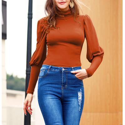 China Anti-pilling Autumn Occident design women's high collar anti-pilling basing shirt solid color long sleeve fashion thin lady's causal shirt for sale