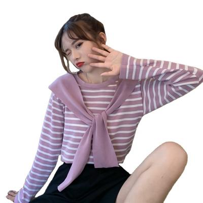 China Korean women's autumn anti-pilling stripe shirt fashion knitting wraps and spring design sleeves loose long lady's causal shirt for sale