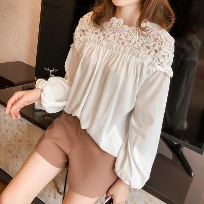 China Anti-pilling anti-pilling Autumn Korea design plus floral solid O-neck color suction of causal loose waist lace blouse women's lady's long sleeve shirt for sale