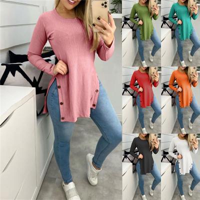 China 2021 Wholesale Anti-Wrinkle Plus Size Women's Anti-Wrinkle Wearing For Spring/Fall Solid Color O-Neck Split Casual Women's Shirt High Quality for sale