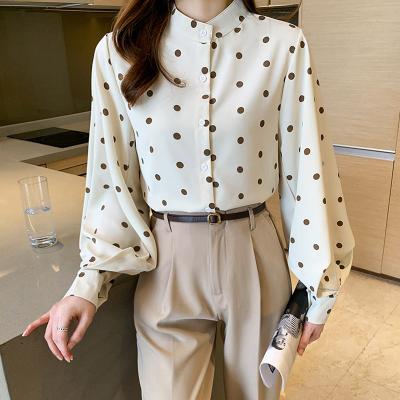 China Fashion Autumn And Spring Chiffon Lady French Design Long Sleeve Lantern Shirt Blouse Stand Collar Apricot Anti-pilling Women Anti-pilling for sale