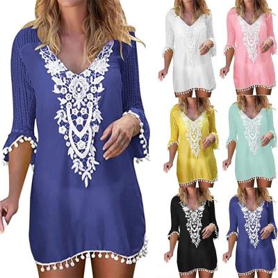 China New Fashion Women Summer Anti-Static Bikini Overall V-Neck Ruffles Half Sleeve Lace Matching Sun Casual Block Dress Beach Short Dress for sale