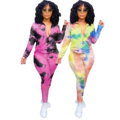 China New Fashion Breathable Wholesale Women Coat+Long Zipper Pants 2 Pieces Set Slim Tie Dye Lift High Hips Sport Elastic Yoga Pants Suit for sale