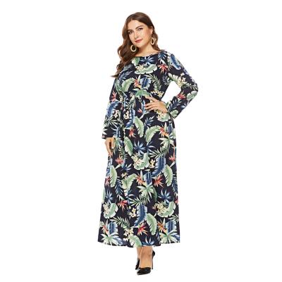 China 2021 Autumn Fashion Design Women Wholesale Anti-Static Spring Floral Leaves Printing Plus Size O-neck Long Sleeve Casual Dress for sale