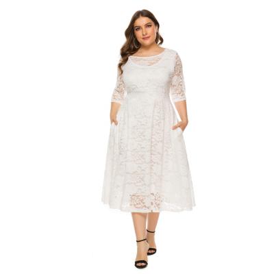 China 2021 New Fashion Anti-Static Women's Plus Size Lace Up Floral Lace Dress Dress With O-Neck Embroidery Pocket Half Sleeve Knee-Length Casual Dress for sale