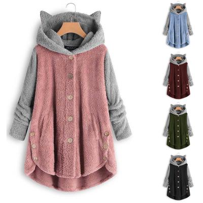 China Wholesale Anti-Wrinkle Fall/Winter 2021 New Coming Women Coat Hooded Button Plus Size Cat Ear Plush Coat Irregular Tide Patchwork Coat for sale