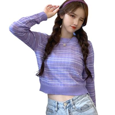 China New Autumn Women Fashion Spring Anti-wrinkle O-neck Stripe Slim Lady O-neck Short Pullover Tops Sweater Tops Long Sleeve O-neck Knitwear for sale