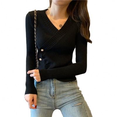 China The new upcoming 2021 autumn and winter anti-shrink anti-shrink sweater for ladies worn outside the V-neck irregular thin blouse knit sweater for sale