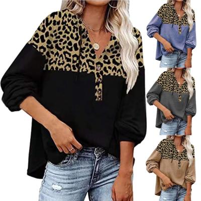 China 2022 Autumn Hooded Women Long Sleeve Spring Pullover Anti-Shrink Hoodies Loose Patchwork Leopard Print V-Neck Button Tops Casual Hoodies for sale