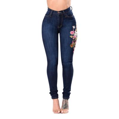 China Wholesale 2022 Women Viable Embroidered Denim Europe Zipper Flower Jeans Slim Long Pants Solid Color Elastic Casual Jeans for sale