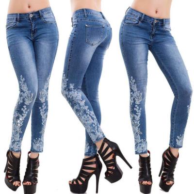 China Color Fade Proof Color Fade Proof 2021 Europe wholesale women embroidered flower pattern jeans slim high elastic plus size slack pants jeans for sale