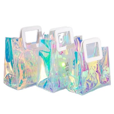 China Recyclable Wholesale Custom PVC Tote Bag Clear Logo Shiny Hologram Transparent Tote Bag for sale