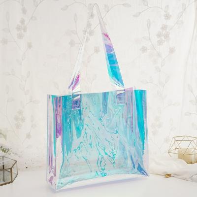 China Amazon Recyclable Hot Sale Rainbow Shopping Bag Waterproof Holographic Transparent Shopping Tote Bag for sale