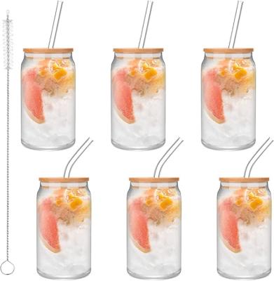 China Sustainable Use 16oz Shaped Single Wall Borosilicate Beer Can Glass Water Tumbler Shaped Glass Beer Mug With Straw And Cover for sale