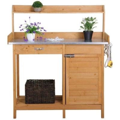 China Modern Outdoor Natural Wood Cabinet Drawer Metal Bench Work Table Bench Potting Garden Open Shelf for sale